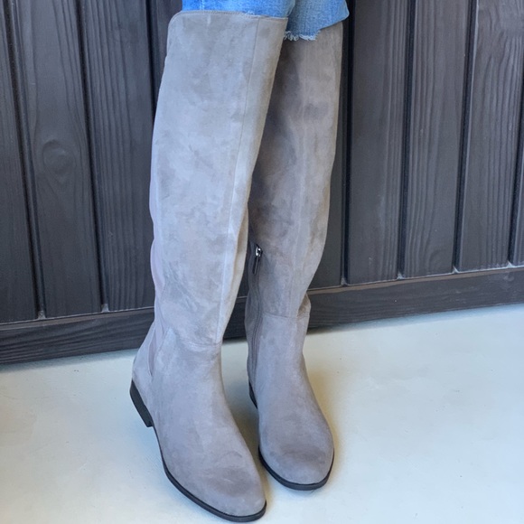 Steel Grey Genuine Suede Neoprene Knee High Boots - Picture 1 of 4
